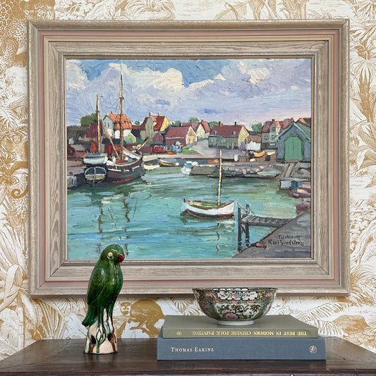 Original Vintage Art Harbor Oil Painting From Sweden