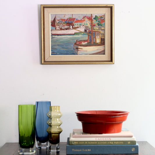 Mid Century Harbor Scene Original Vintage Oil Painting from Sweden