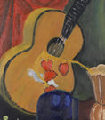 Load image into Gallery viewer, Striking Mid Century Still Life Oil Painting with Guitar from Sweden