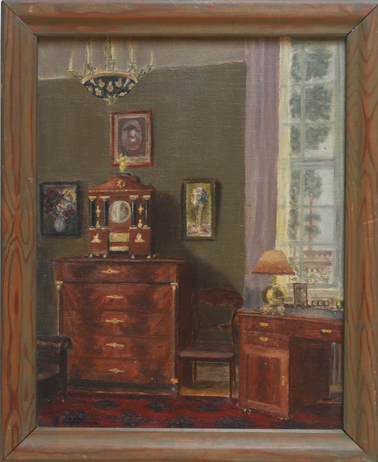 Vintage Art Room Original Interior Oil Painting from Sweden
