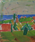Load image into Gallery viewer, Colorful Swedish Mid Century Original Landscape Oil Painting 1958