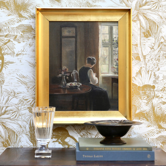 Swedish Vintage Figure in Interior Oil Painting From Sweden