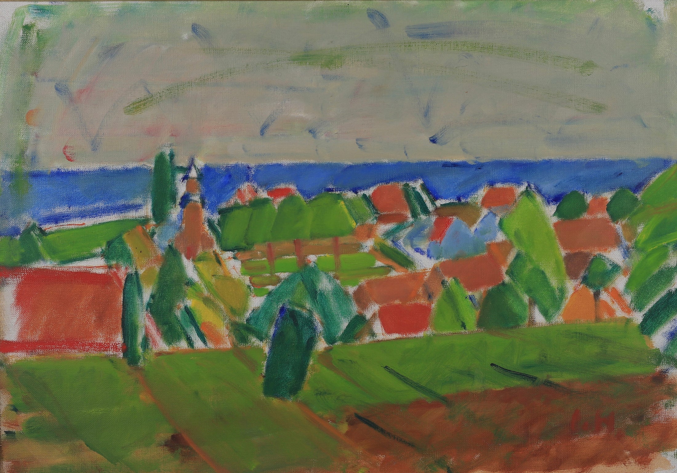 Colorful Swedish Mid Century Original Landscape Oil Painting 1958