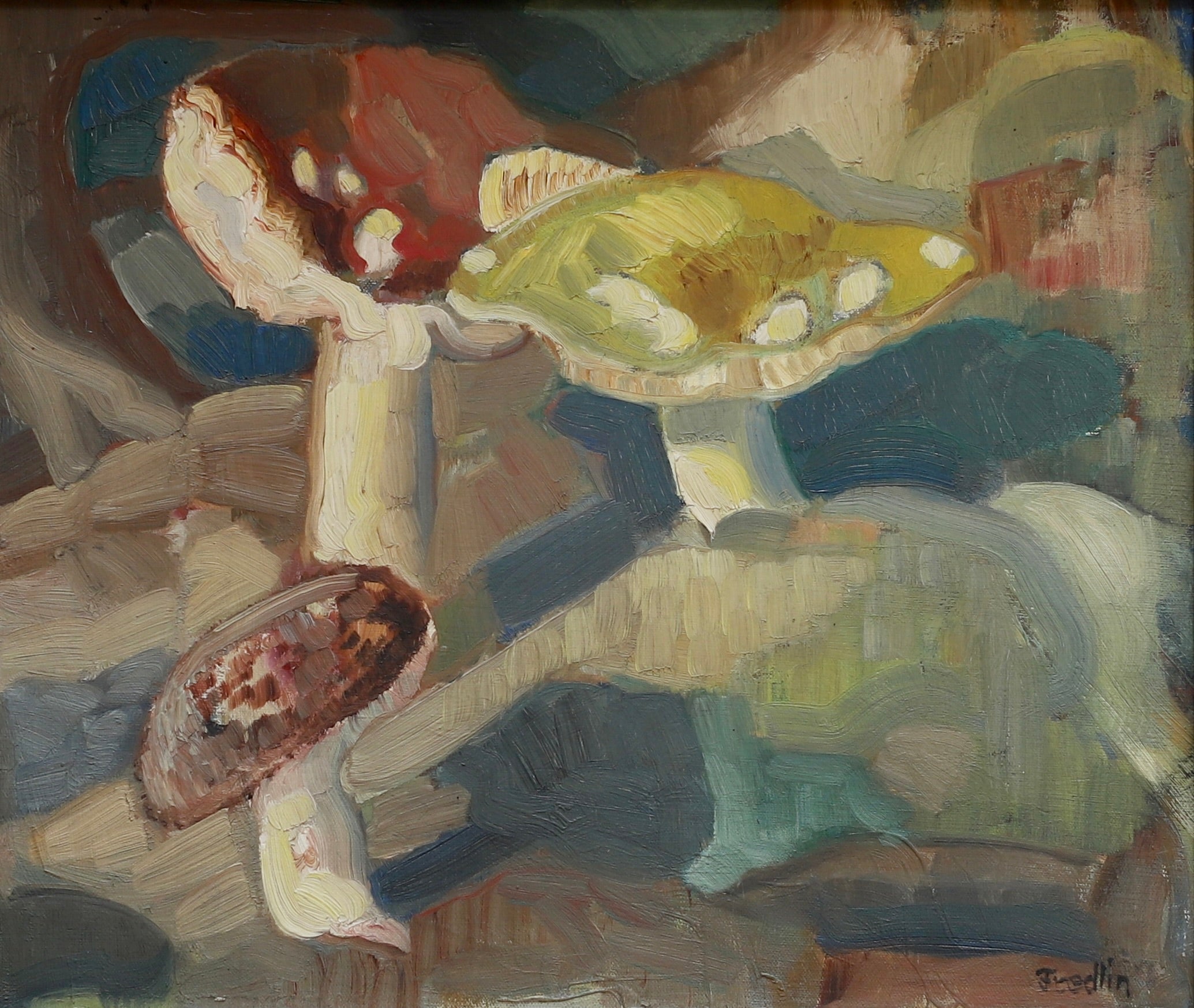 Vintage Mid Century Mushroom Oil Painting By Sweden