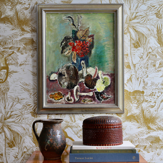 Vintage Mid Century Still Life of Mushrooms Oil Painting From Sweden