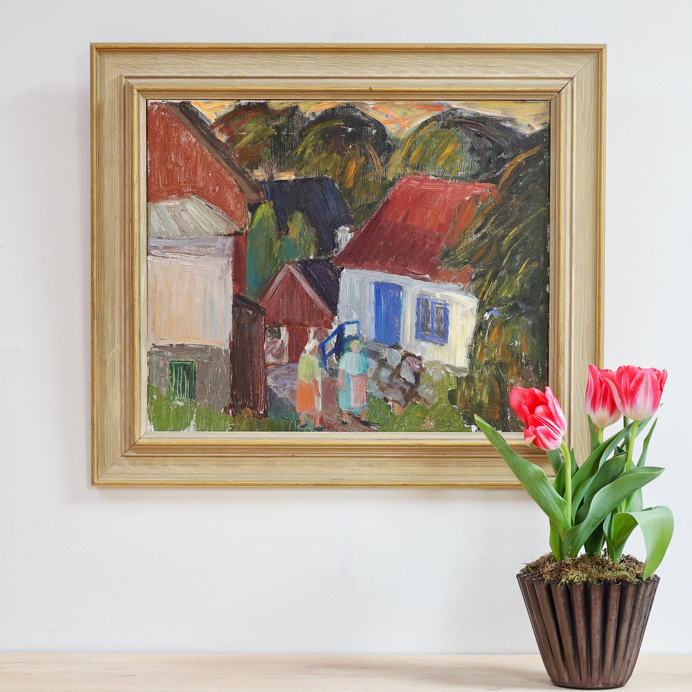 Vintage Mid Century Village Oil Painting from Sweden