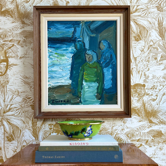 Mid Century Harbor Scene Original Vintage Oil Painting from Sweden