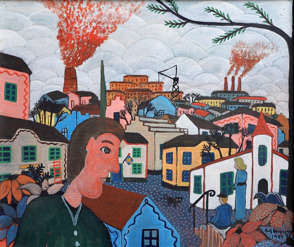 Vintage Art Original Village Scene Oil Painting from Sweden