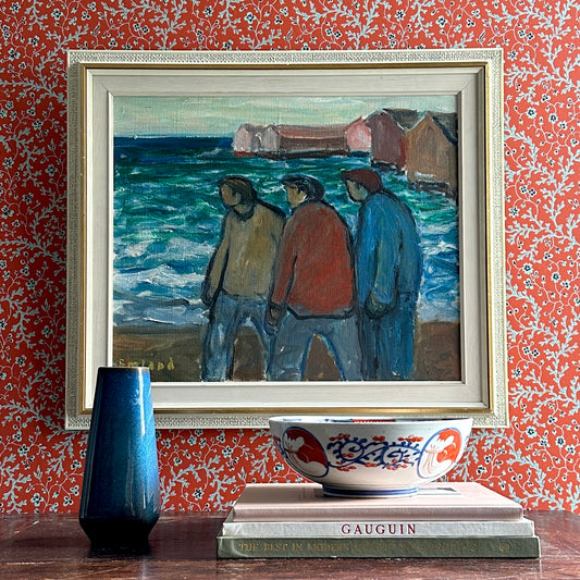 Mid Century Harbor Scene Original Vintage Oil Painting from Sweden