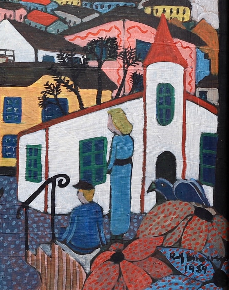Vintage Art Original Village Scene Oil Painting from Sweden