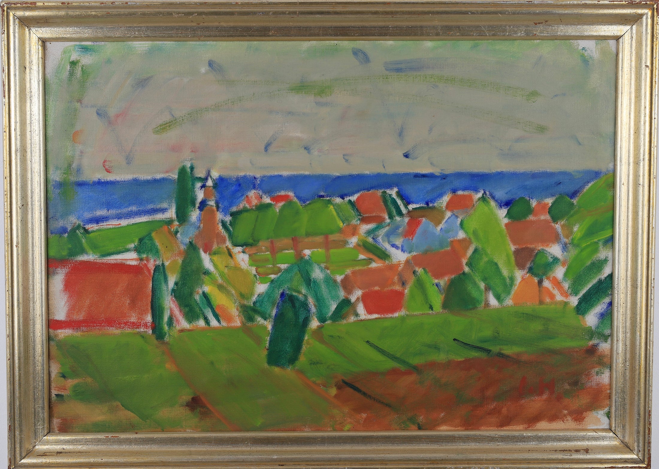 Colorful Swedish Mid Century Original Landscape Oil Painting 1958