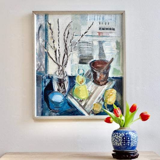 Mid Century Interior Oil Painting by Listed Artist E Julius Sweden