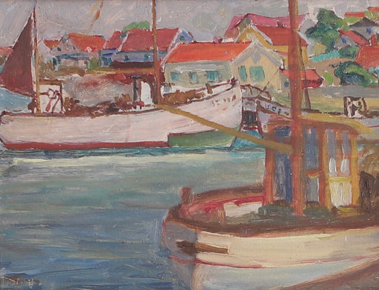 Mid Century Harbor Scene Original Vintage Oil Painting from Sweden