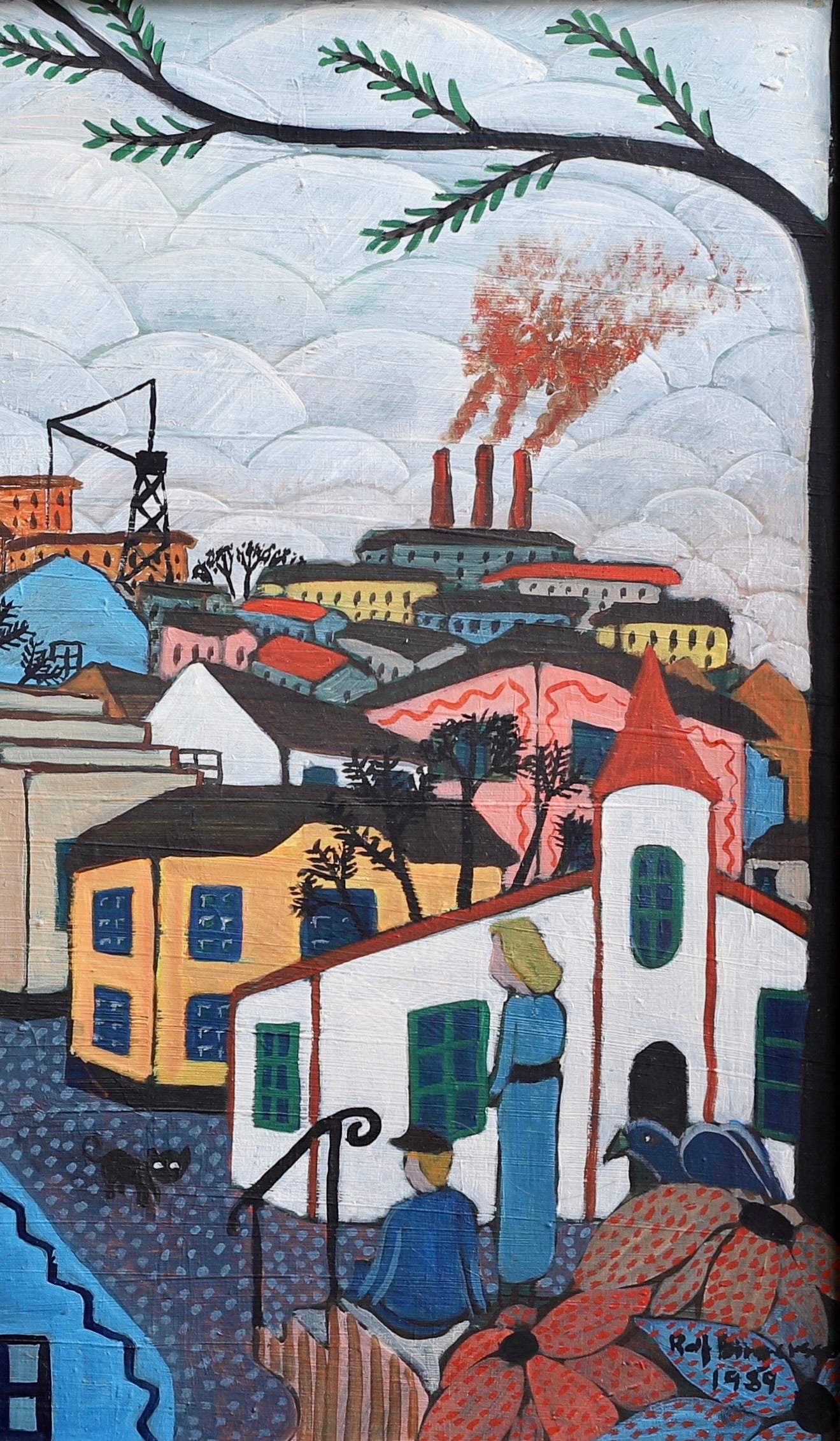 Vintage Art Original Village Scene Oil Painting from Sweden