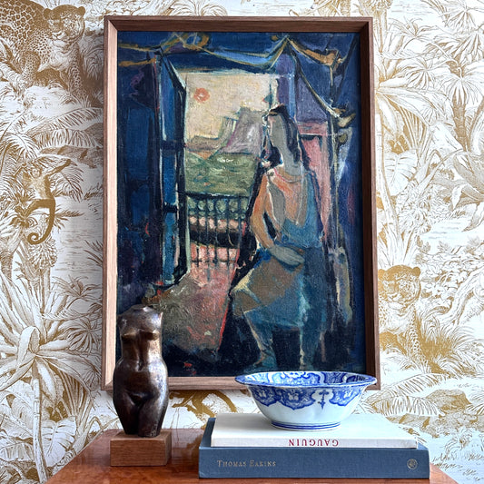 Swedish Vintage Art Figure in Interior Oil Painting
