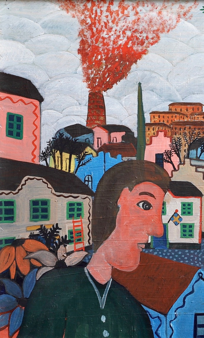 Vintage Art Original Village Scene Oil Painting from Sweden