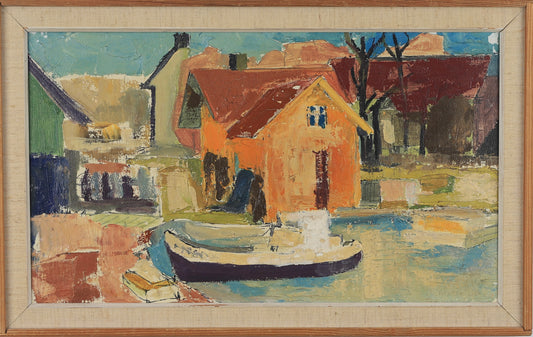 Mid Century Harbor Scene Original Vintage Oil Painting from Sweden