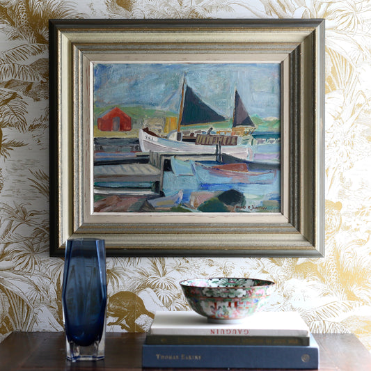 Original Vintage Harbor Scene Oil Painting By A Jönsson Sweden