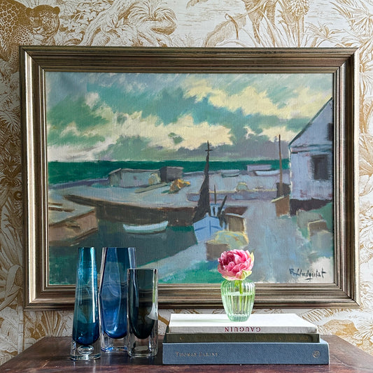 Original Vintage Art Harbor Oil Painting From Sweden