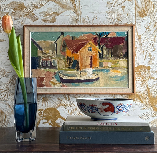 Mid Century Harbor Scene Original Vintage Oil Painting from Sweden