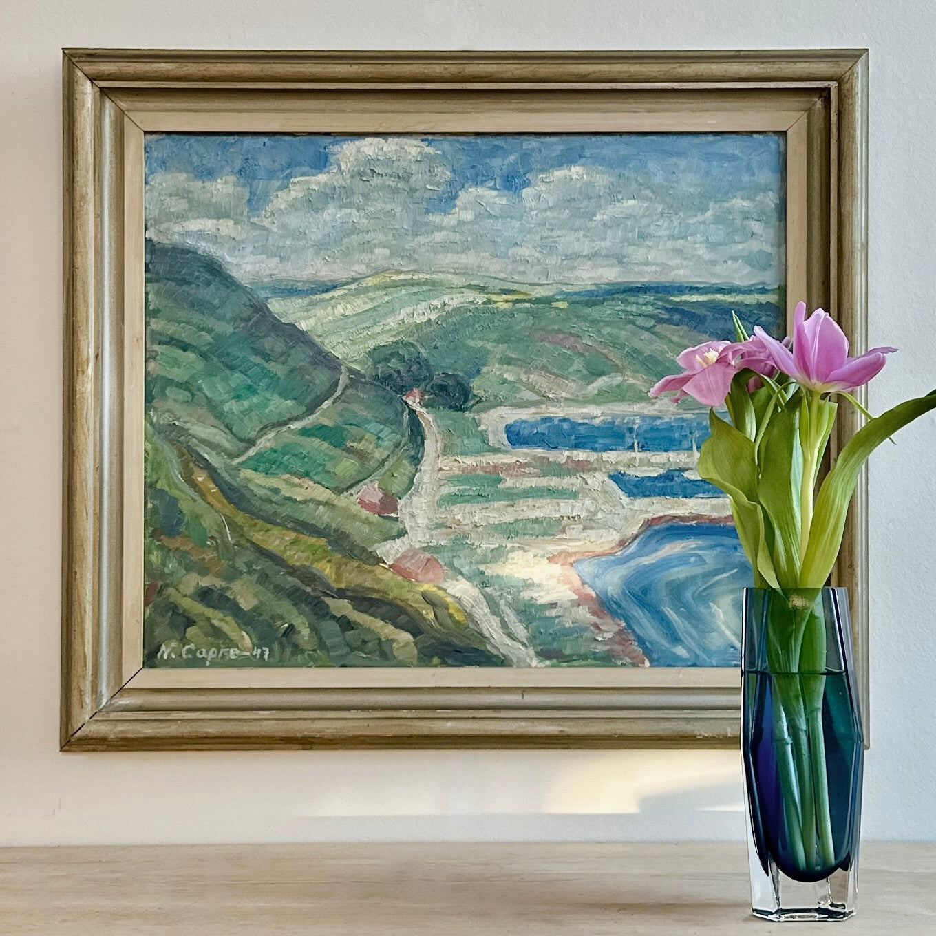 Vintage Art Coastal Oil Painting from Sweden 1947