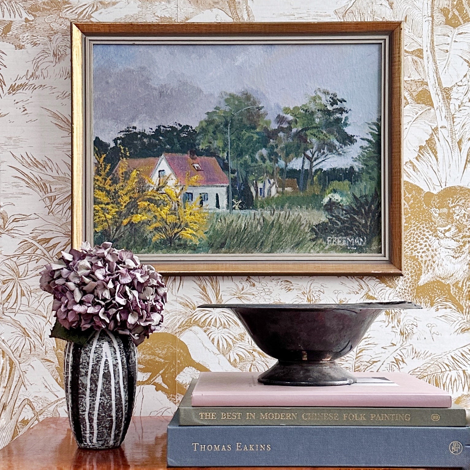 Swedish Vintage Village Scene Oil Painting From Sweden