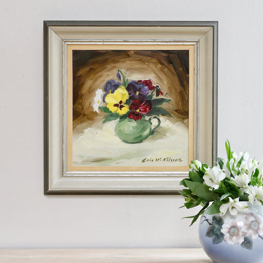 Vintage Art Room Pansy Still Life Oil Painting From Sweden