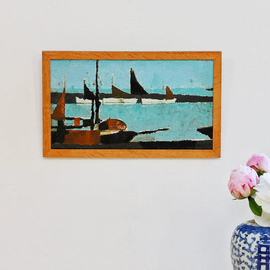 Vintage Art Room Mid Century Harbor Oil Painting From Sweden 1959