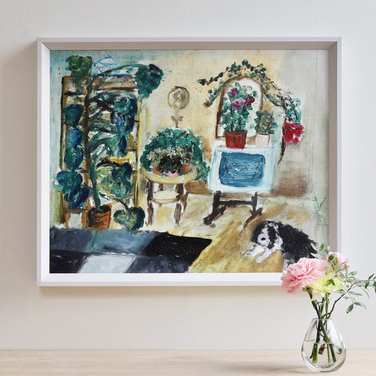 Vintage Art Mid Century Interior Scene with Dog From Sweden