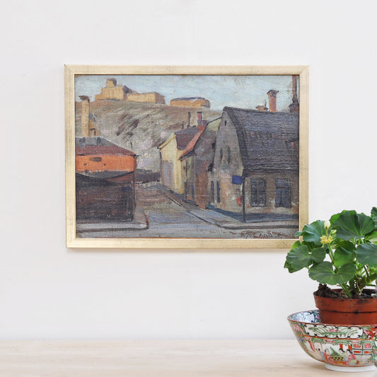 Mid Century Original Vintage Stockholm Cityscape Oil Painting from Sweden