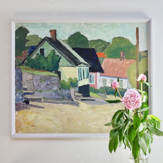 Vintage Mid Century Village Oil Painting from Sweden
