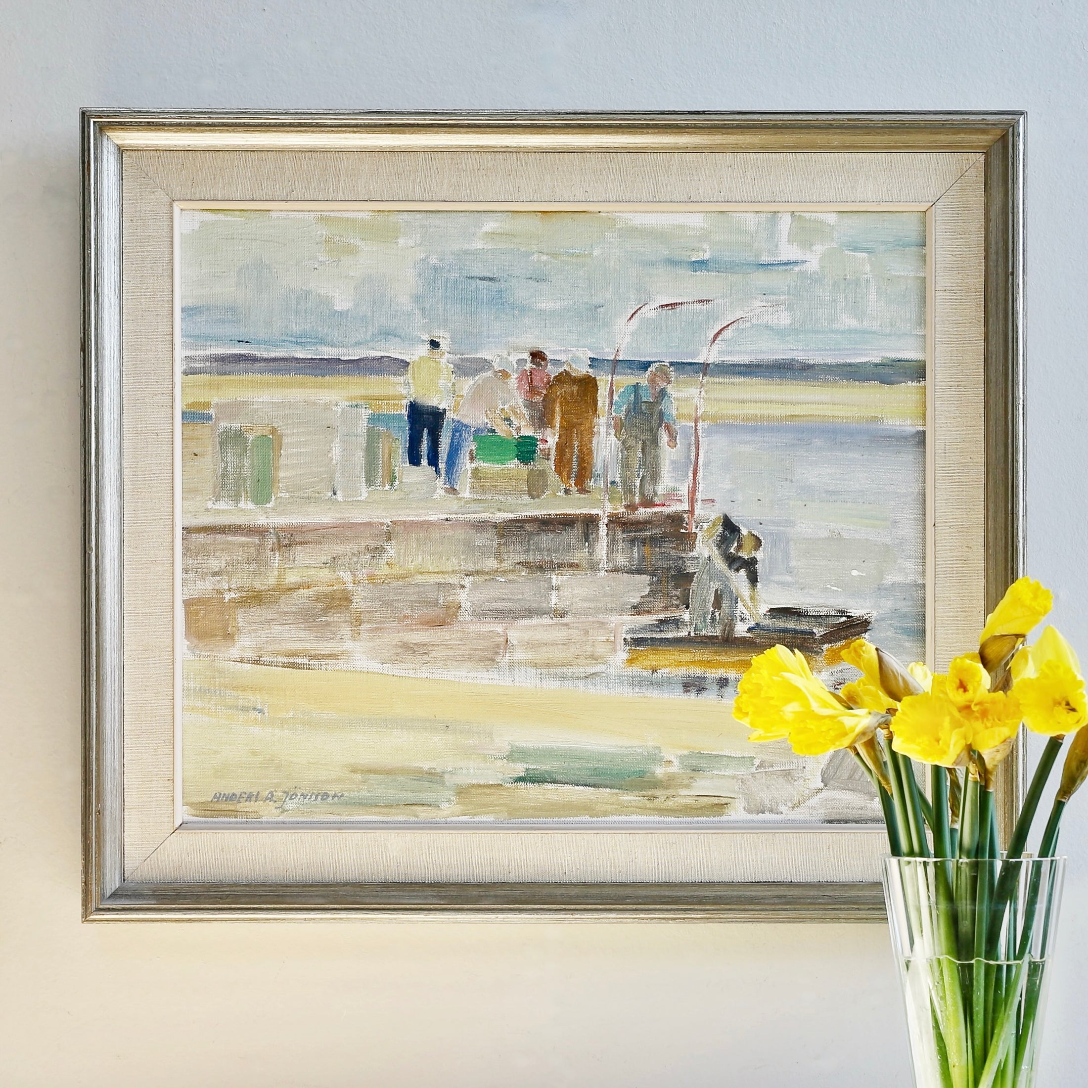 Vintage Art Room Mid Century Harbor Oil Painting From Sweden