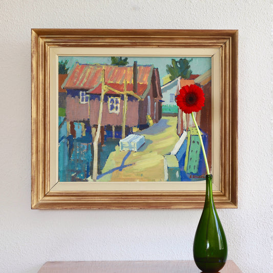 Mid Century Vintage Harbor Painting from Sweden
