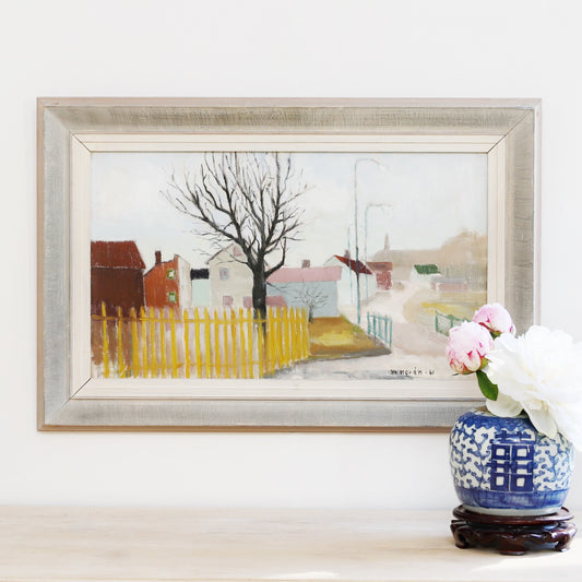 Vintage Mid Century Village Oil Painting from Sweden 1961