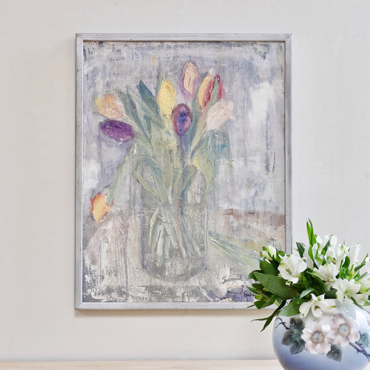 Mid Century Original Still Life Oil Painting of Tulips From Sweden