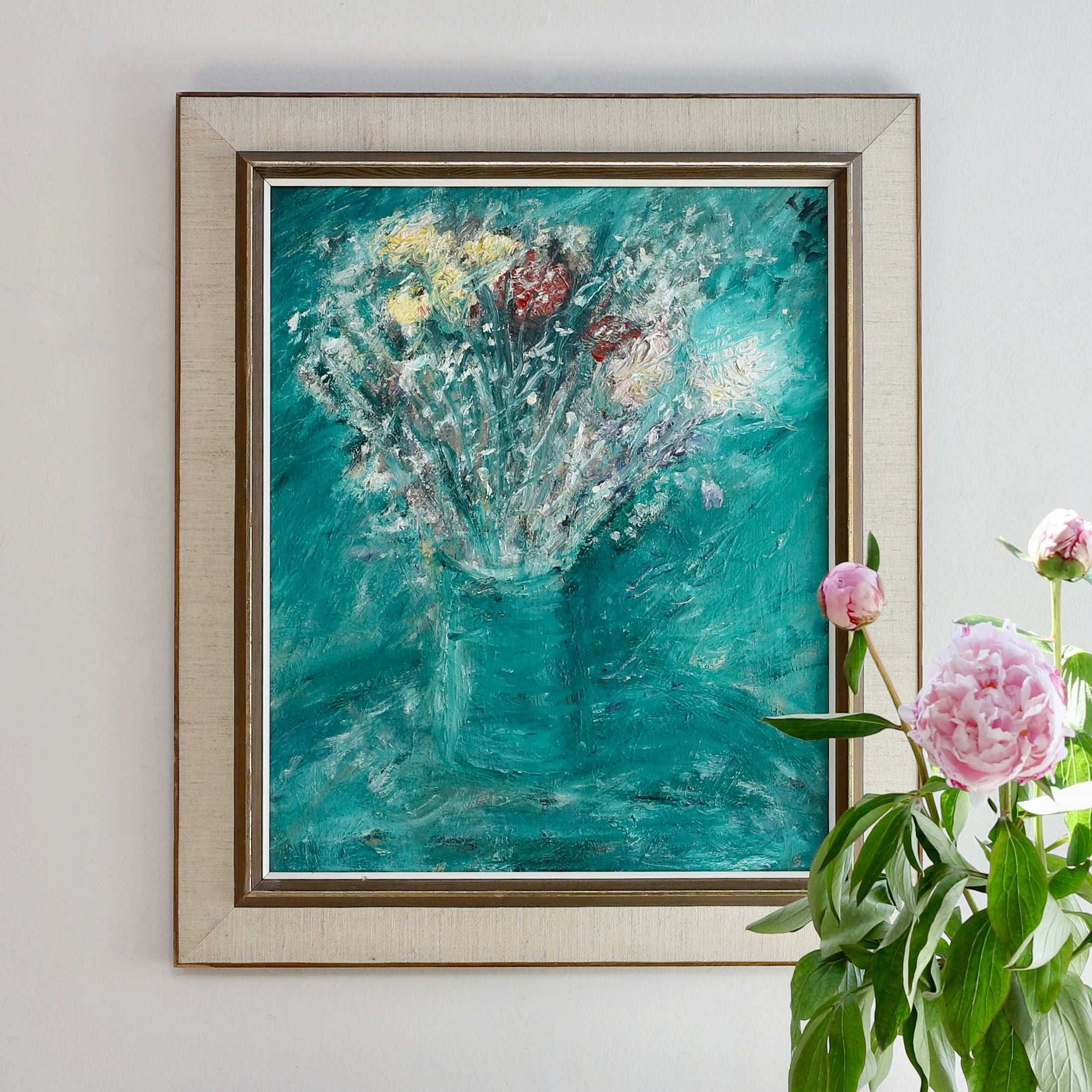 Mid Century Original Floral Still Life Oil Painting from Sweden