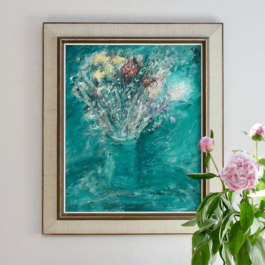 Mid Century Original Floral Still Life Oil Painting from Sweden