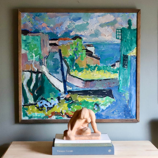 Mid Century Harbor Scene Original Vintage Oil Painting from Sweden