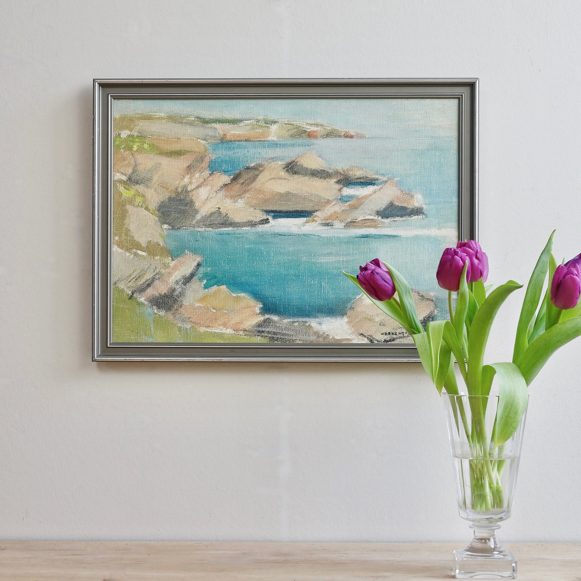 Mid Century Coastal Oil Painting By Nordengren Sweden