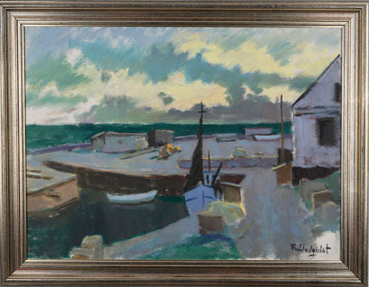 Original Vintage Art Harbor Oil Painting From Sweden