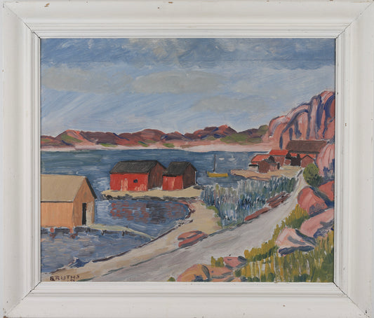Vintage Art Mid Century Coastal Oil Painting by from Sweden