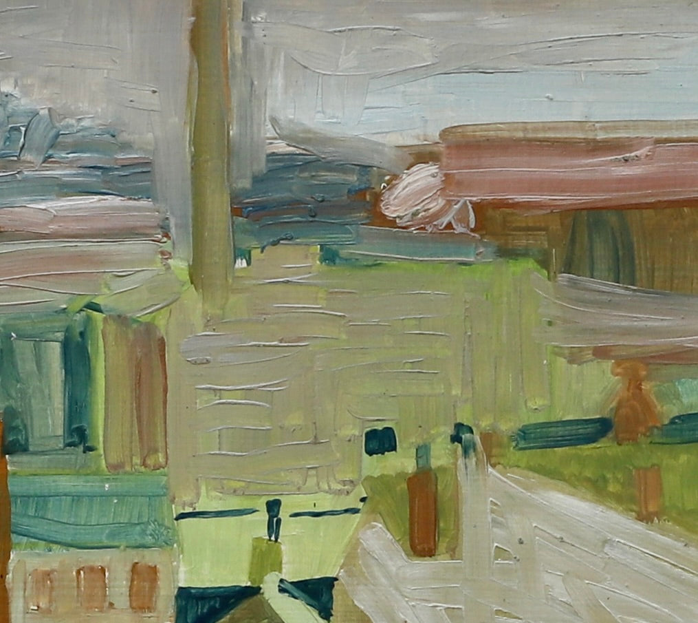 Vintage Mid Century Cityscape Oil Painting From Sweden by L Herder