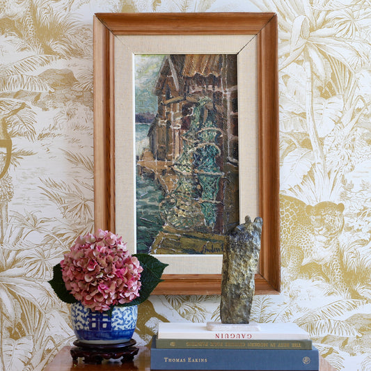 Original Vintage Art Harbor Oil Painting From Sweden