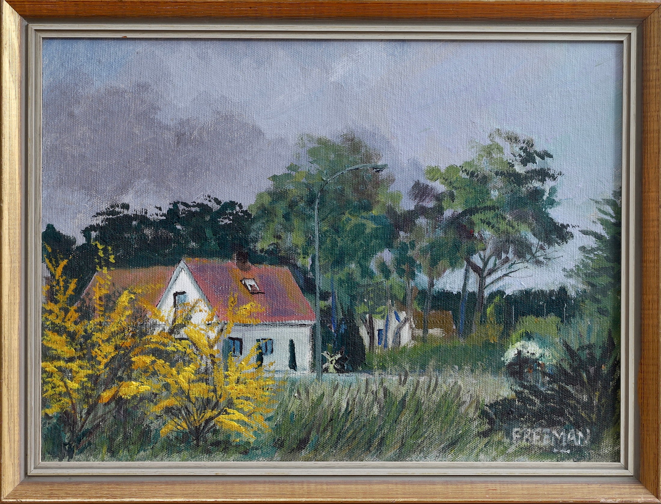 Swedish Vintage Village Scene Oil Painting From Sweden