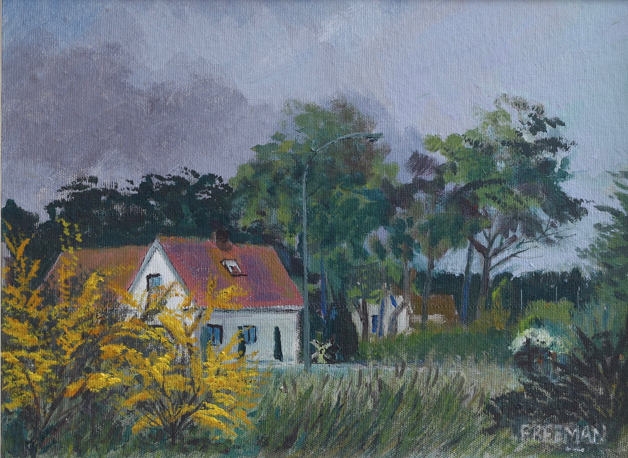 Swedish Vintage Village Scene Oil Painting From Sweden