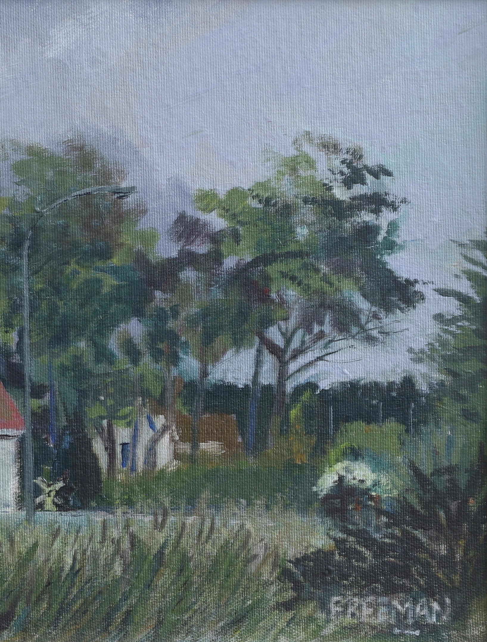 Swedish Vintage Village Scene Oil Painting From Sweden