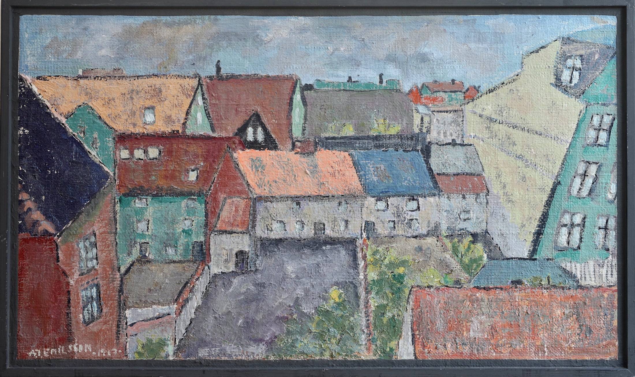 Vintage Art Cityscape Oil Painting from Sweden