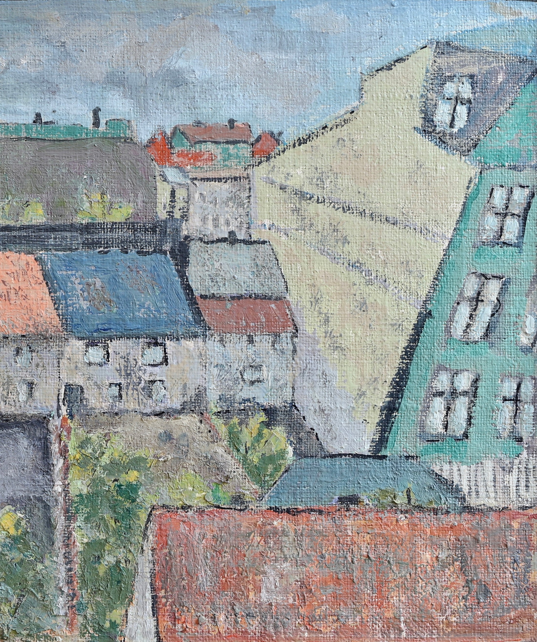 Vintage Art Cityscape Oil Painting from Sweden