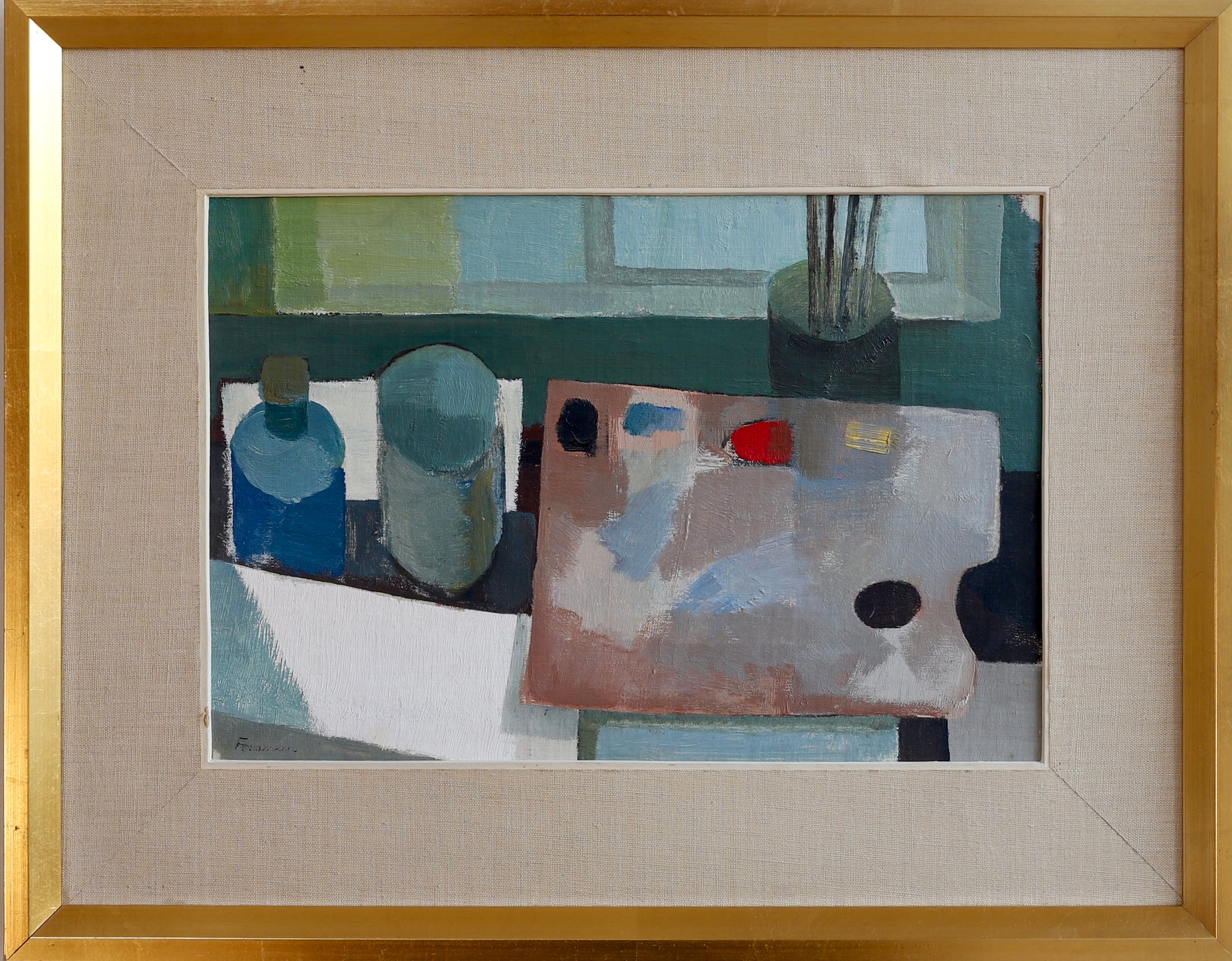 Mid Century Artist Studio Interior Oil Painting From Sweden