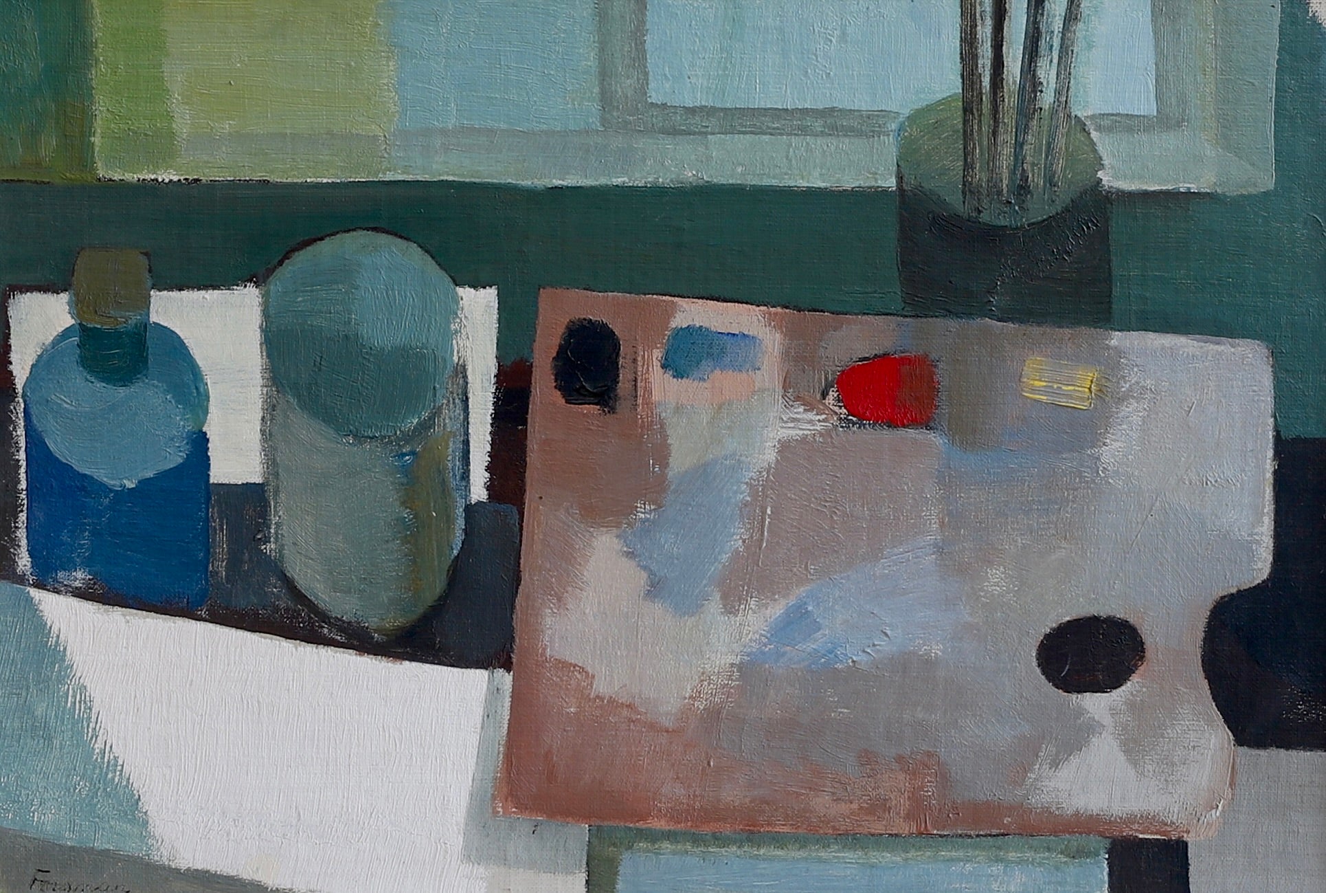 Mid Century Artist Studio Interior Oil Painting From Sweden